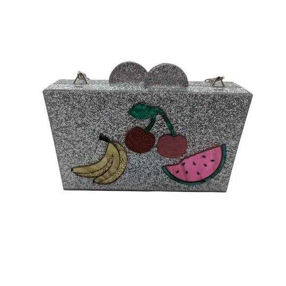 BARI LYNN Fruit Box Clutch Bag Chain Strap Acrylic Hard Sided Glitter - Picture 4 of 12